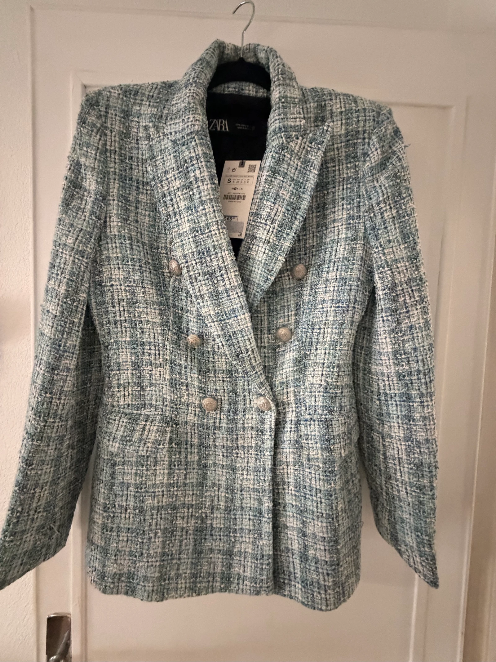 Blazer Zara tweed bleu ciel/écru à double boutonnage – Taille S – Neuf avec étiquette